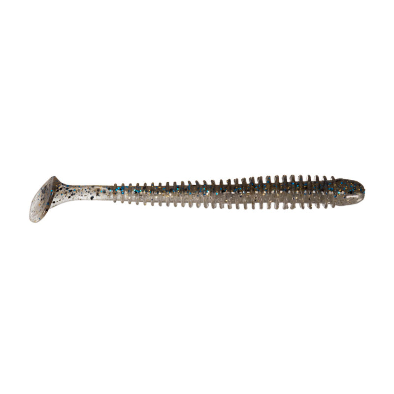 Keitech Swing Impact 3.5" + 4" fishing lure with ribbed body and paddle tail, designed for lifelike movement to attract musky and other game fish.