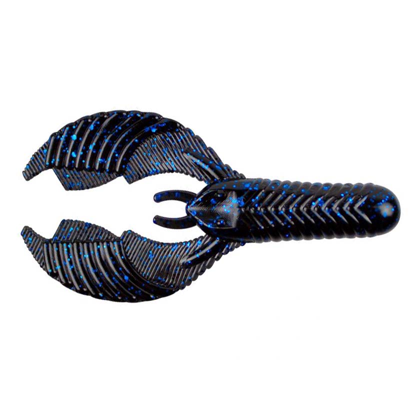 Yum Craw Chunk fishing lure in black with blue flakes, designed with textured claws and body for realistic movement to attract musky and other fish.
