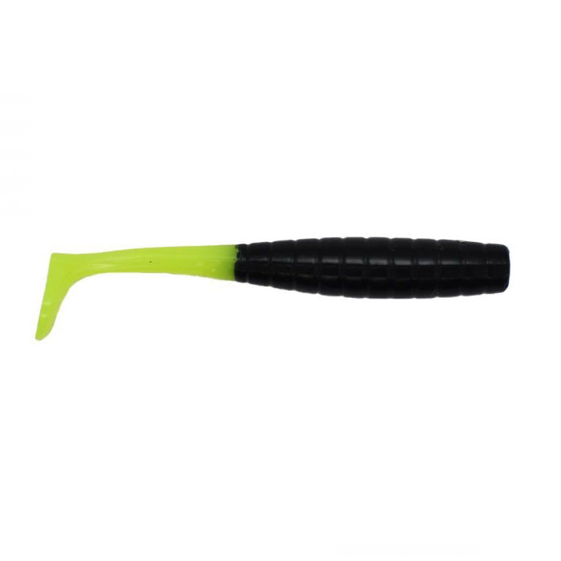 Crappie Magnet Tiny Dancer fishing lure with a segmented black body and bright green paddle tail designed for effective water movement in fishing tackle.