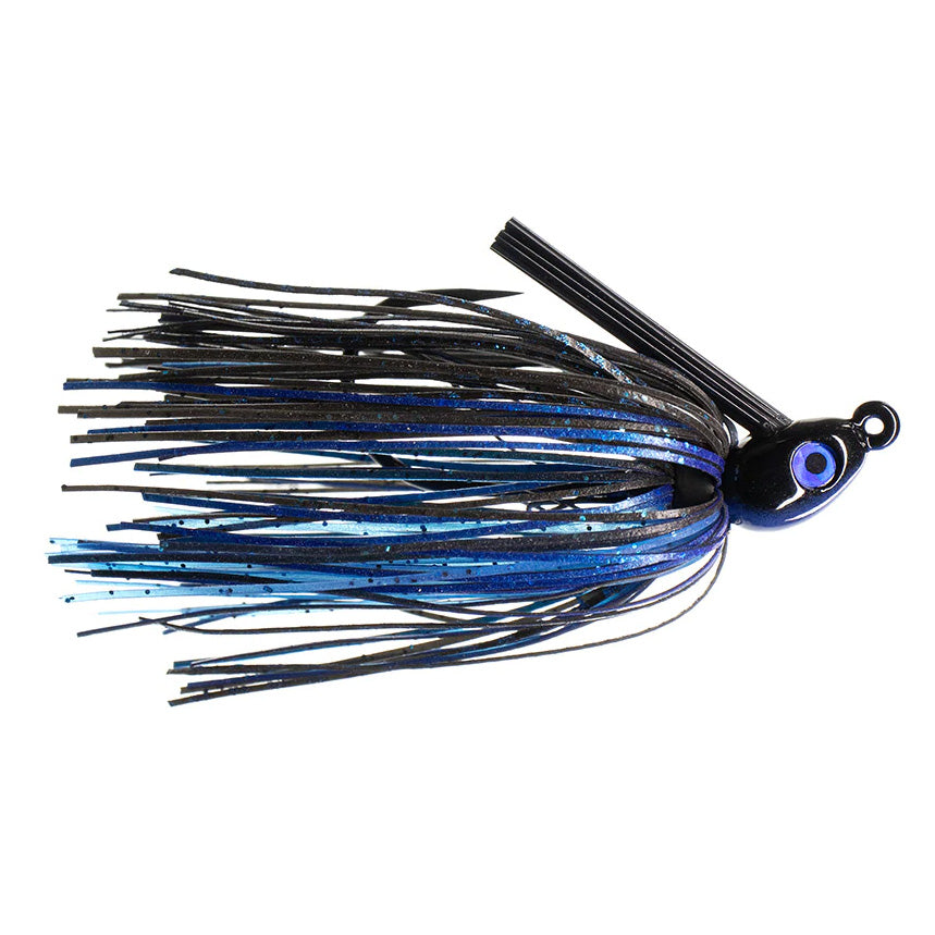 Dirty Jigs Compact Swim Jig fishing lure with black and blue skirt strands and a weighted head featuring a blue eye detail, designed for fishing tackle use.