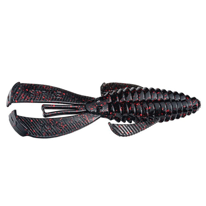 Strike King Rage Bug fishing lure in black with red speckles, designed to mimic a crawfish with detailed segmented body and dual paddle claws for lifelike movement.