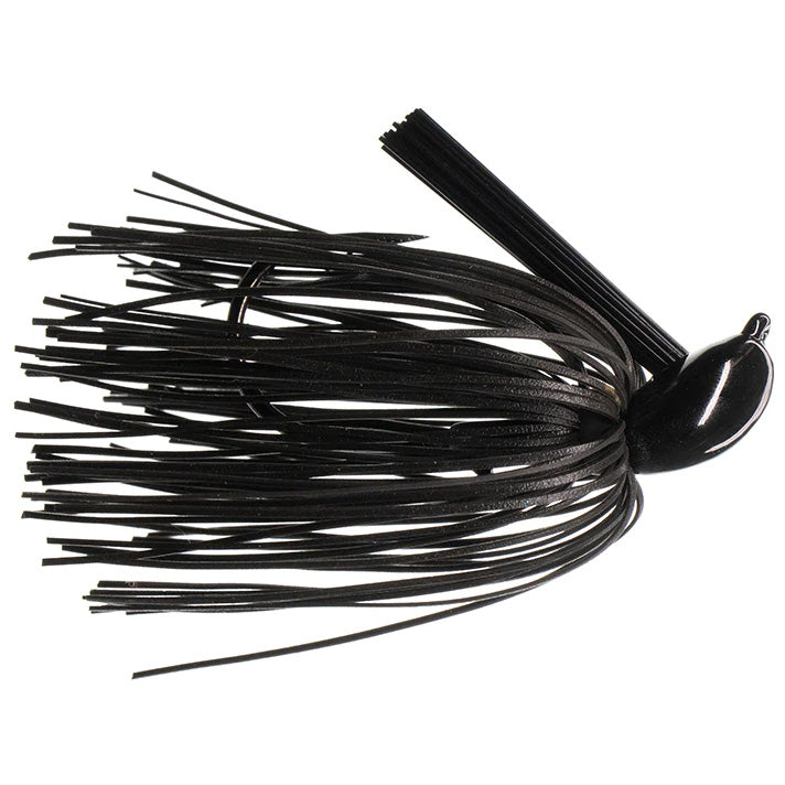 Dirty Jigs Tour Level Pitchin' Jig showing a black fishing lure with multiple rubber strands and a weighted head designed for effective fishing tackle use.