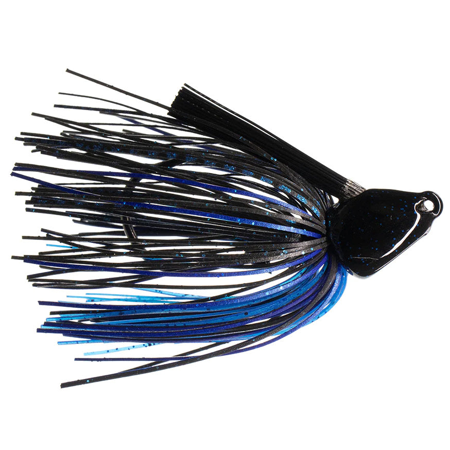 Dirty Jigs No-Jack Punchin' Jig in black and blue with a weighted head and flexible silicone skirt designed for fishing tackle and musky fishing applications.