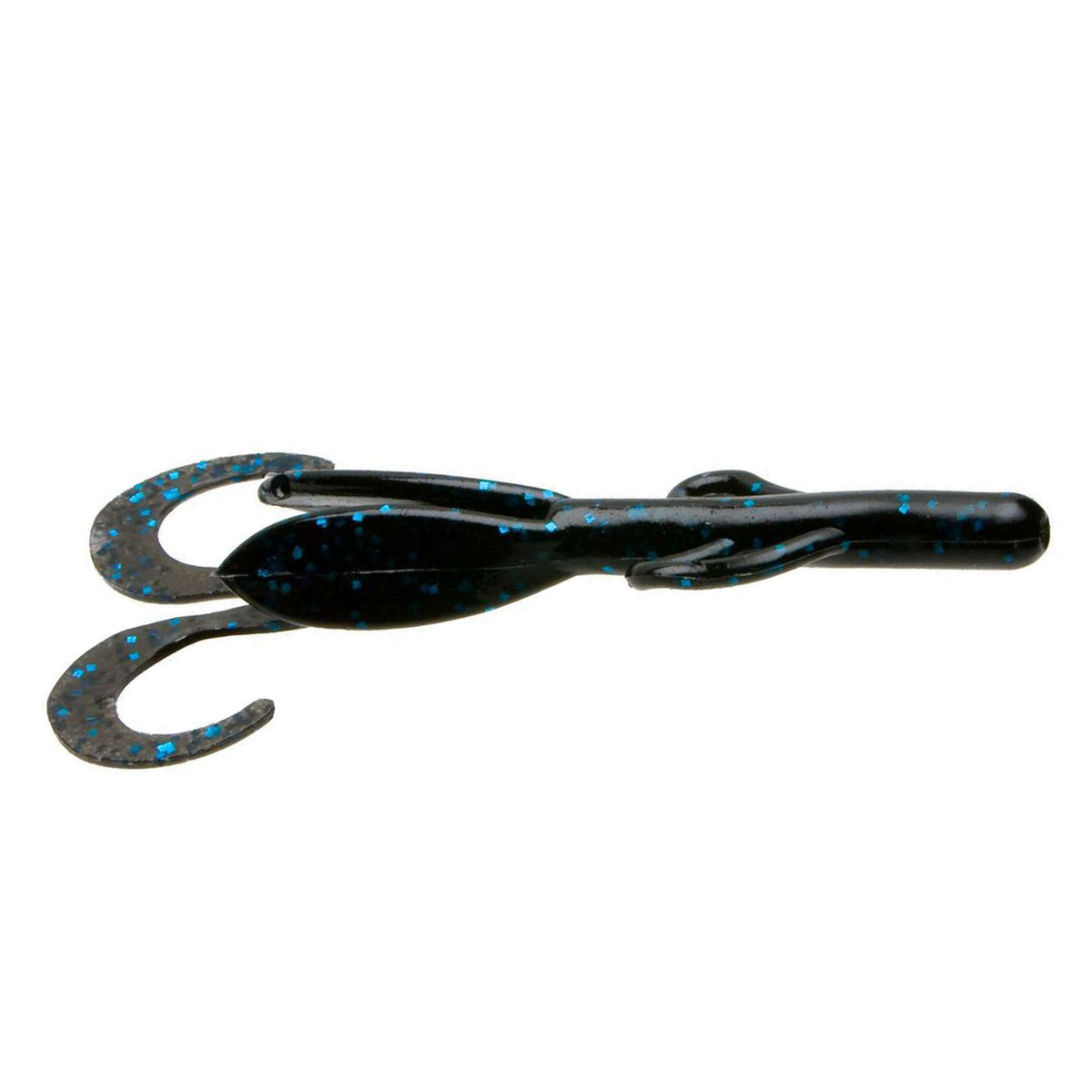 Zoom Baby Brush Hog soft fishing lure in dark color with blue speckles, featuring twin curly tails designed for effective fishing tackle use.