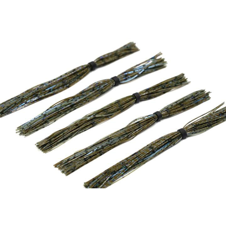 6th Sense Silicone Skirt featuring multiple flexible silicone strands in green and blue hues with black bands, designed for fishing lures and tackle applications.