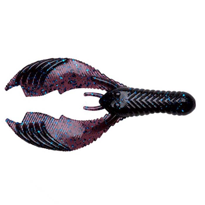 Soft plastic black and purple fishing lure with blue flecks shaped like a crawfish, designed as Yum Craw Chunk for fishing tackle use.