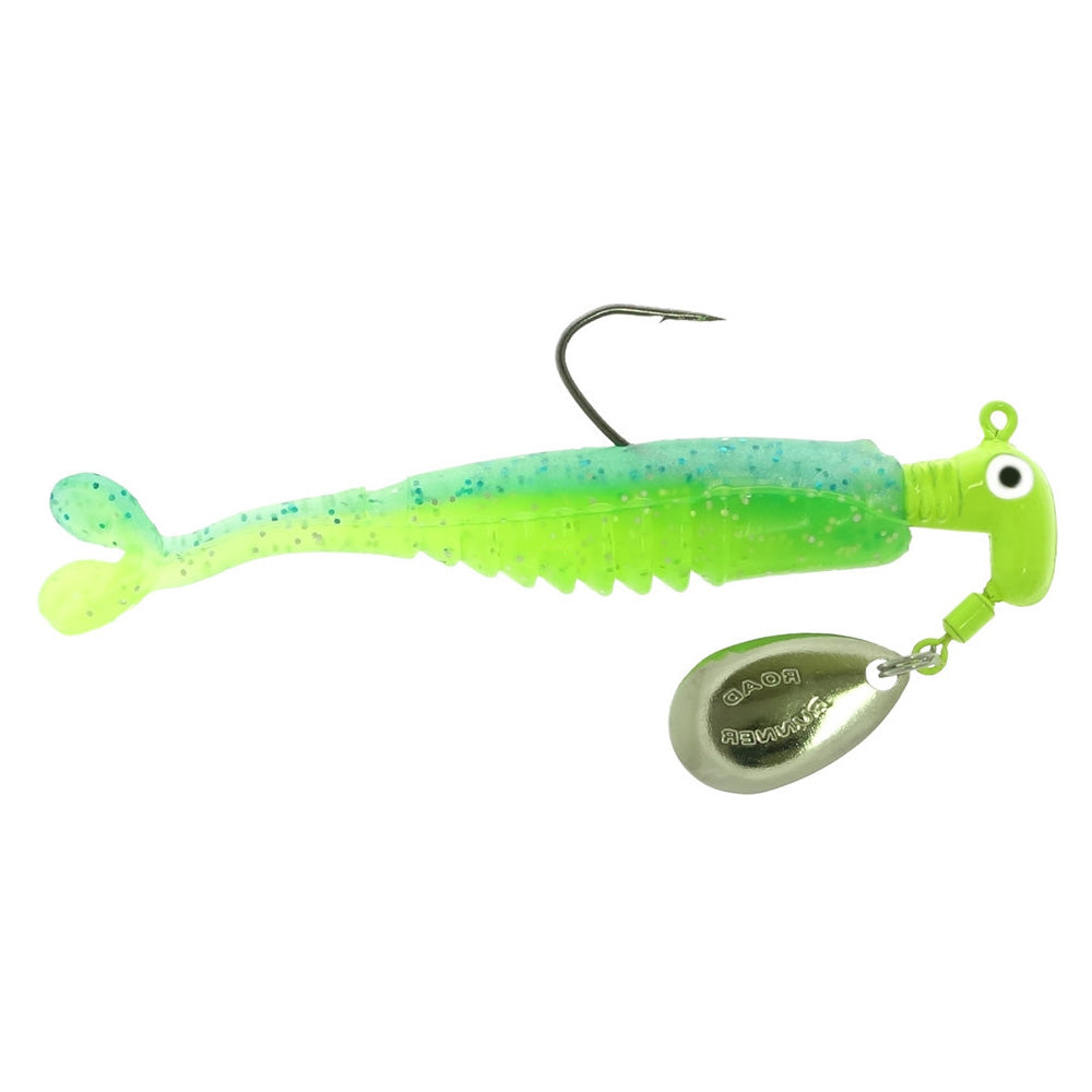 Blakemore Road Runner Crappie X-Tractor fishing lure in blue and green with soft plastic body, single hook, and attached silver spinner blade for attracting fish.