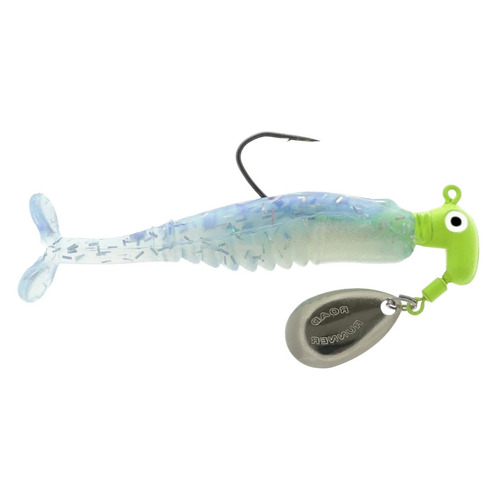 Blakemore Road Runner Crappie X-Tractor fishing lure with a translucent blue and green soft plastic body, curved tail, single hook, and attached silver spinner blade for attracting crappie.