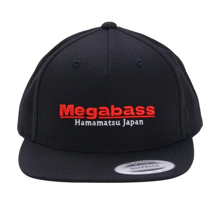 Megabass Classic Snapback Hat in black with a red Megabass Hamamatsu Japan logo flat brim and adjustable snapback closure