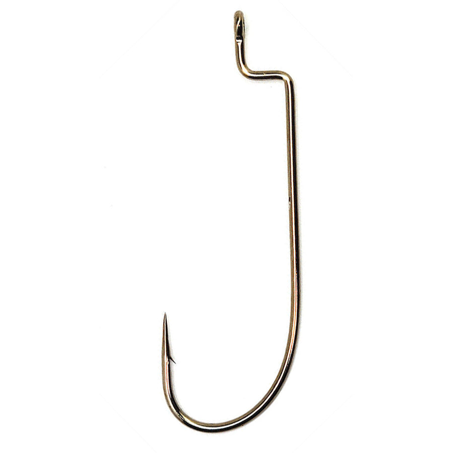 Gamakatsu Offset Worm Hook made of bronze-colored metal with a sharp point and offset bend, designed for fishing tackle use in freshwater or saltwater fishing.
