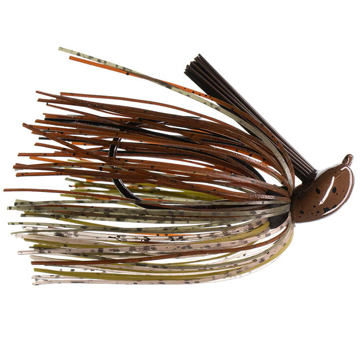 Dirty Jigs Tour Level Pitchin' Jig featuring a brown and tan speckled skirt with a weighted head and weed guard, designed for fishing tackle and musky fishing.