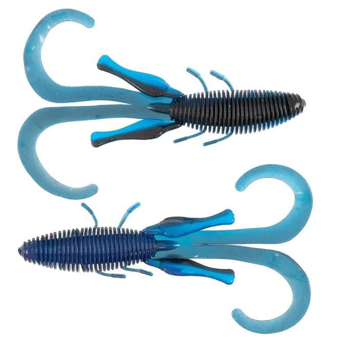 Two blue and black soft plastic fishing lures with ribbed bodies and multiple curly tail appendages designed to attract musky, identified as Missile Baits D Stroyer.