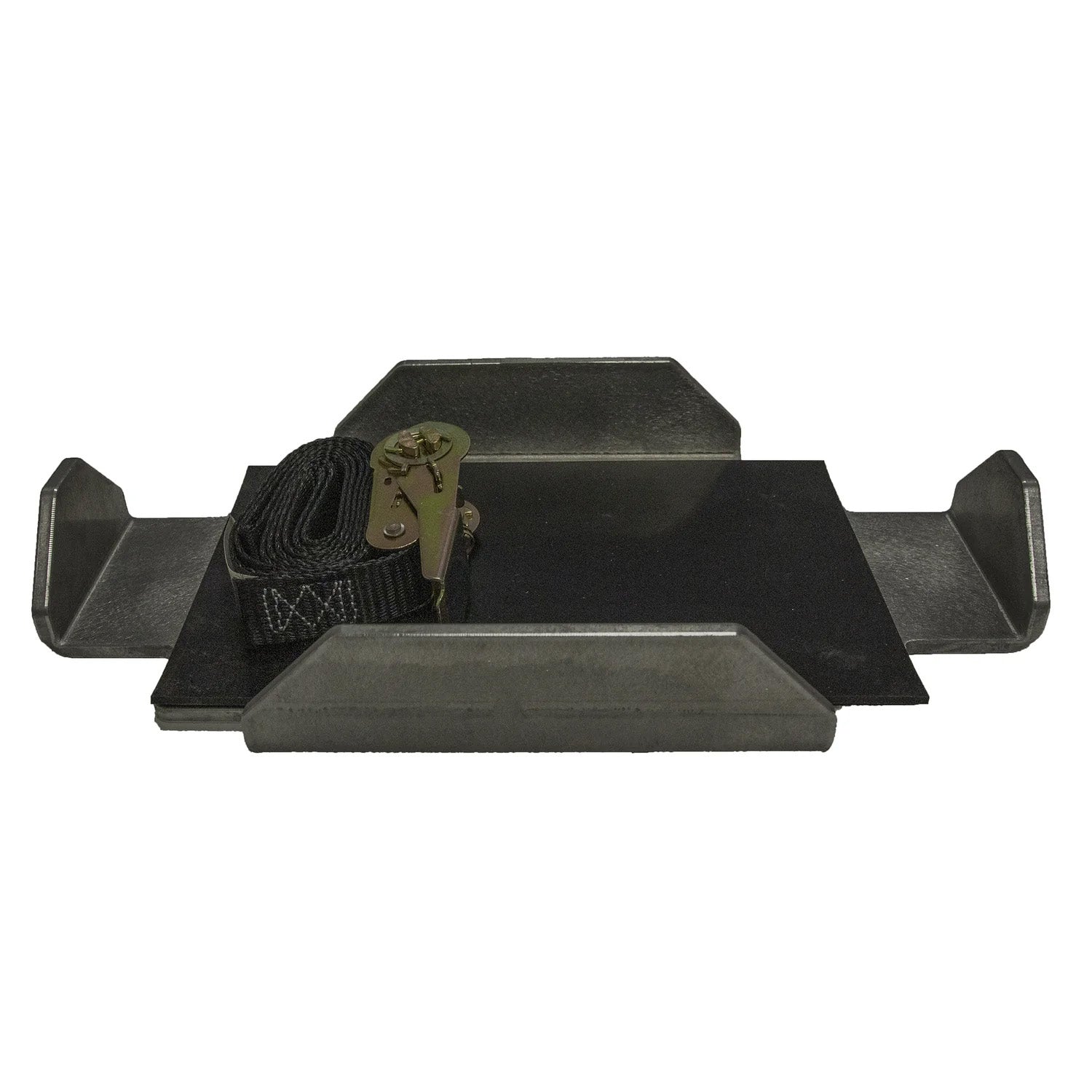 Precision Sonar Precision Power Aluminum Battery Tray in black with a durable strap and metal fastening buckle, designed to securely hold marine electronics batteries for fishing applications.