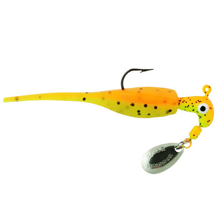 Blakemore Road Runner Slab Runner fishing lure in bright yellow and orange with black spots, featuring a sharp hook and a small spinner blade for attracting fish.