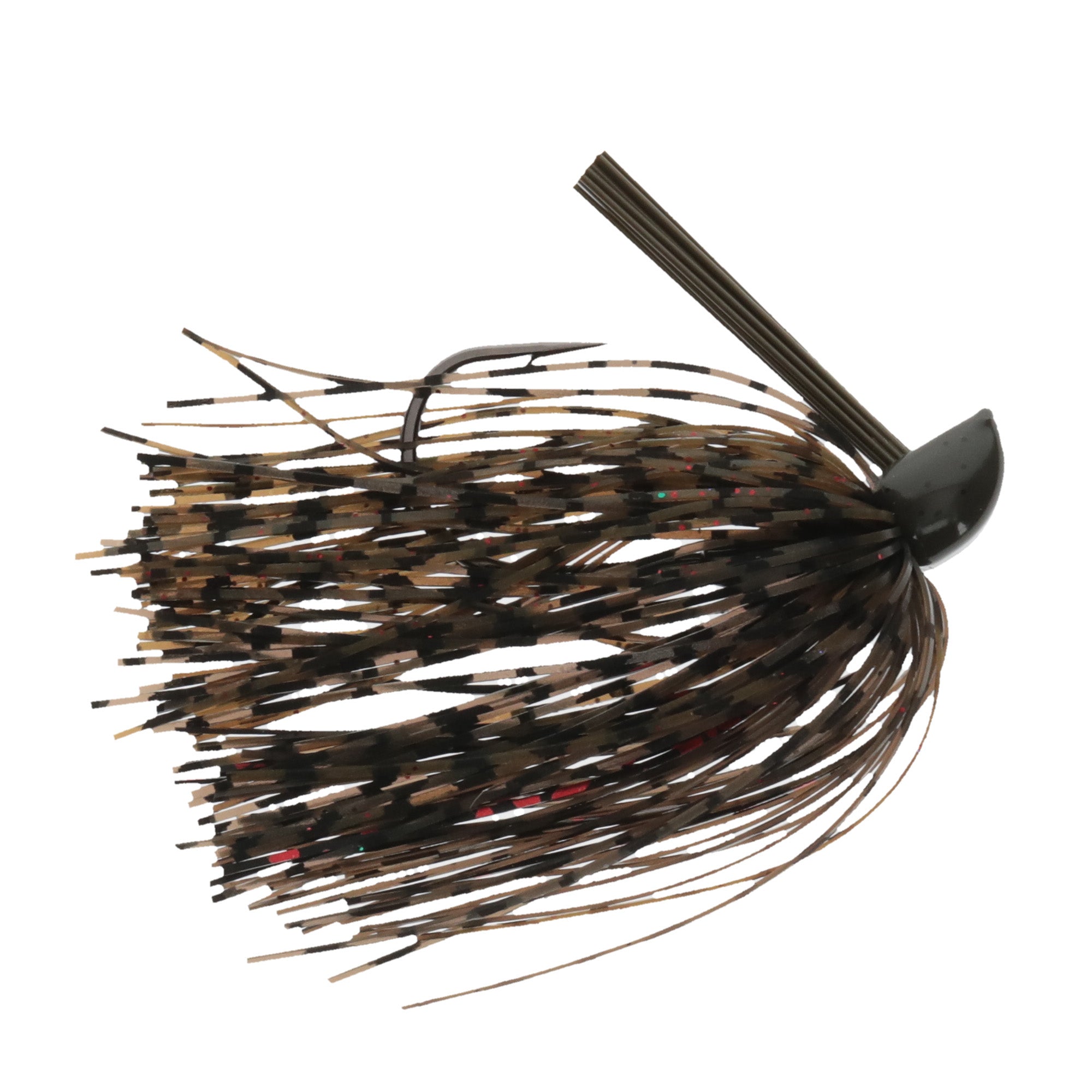 Strike King Compact Tungsten Casting Jig featuring a weighted black tungsten head with a brown and black silicone skirt and an attached fishing hook, designed for fishing tackle.