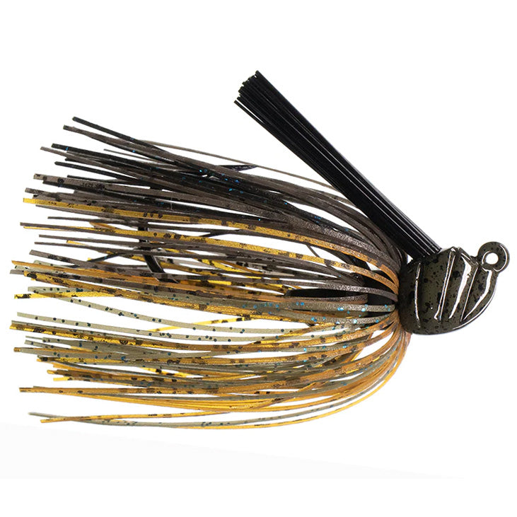 Dirty Jigs Scott Canterbury Flippin Jig with a detailed skirt in black, brown, and yellow hues, designed for fishing tackle, featuring a weighted head and weed guard for versatile musky or ice fishing.