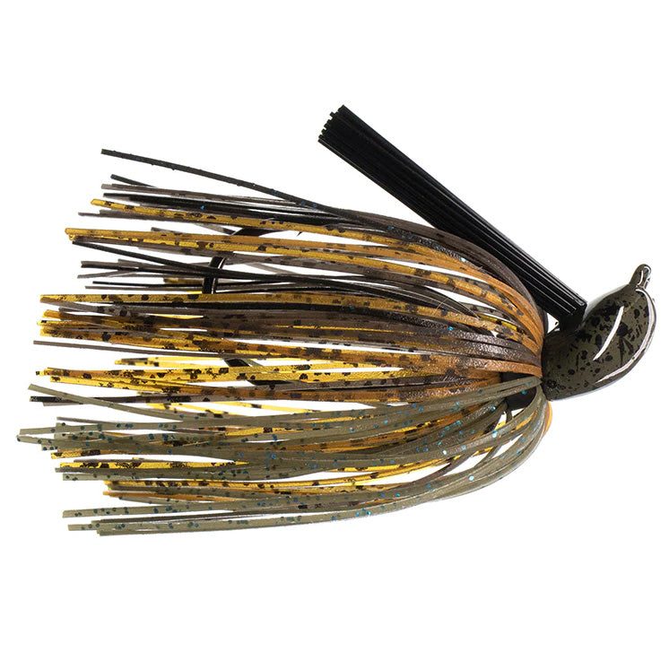 Dirty Jigs Tour Level Pitchin' Jig featuring a weighted head and multi-colored silicone skirt in natural and gold tones, designed for effective fishing lure use.