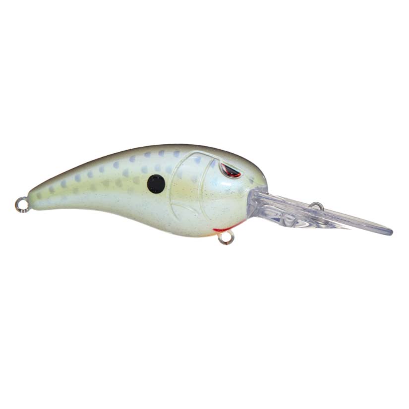 SPRO RkCrawler 55 Crankbait fishing lure in translucent light green with dark spots, featuring a clear diving lip and red detail near the eye, designed for freshwater fishing tackle.