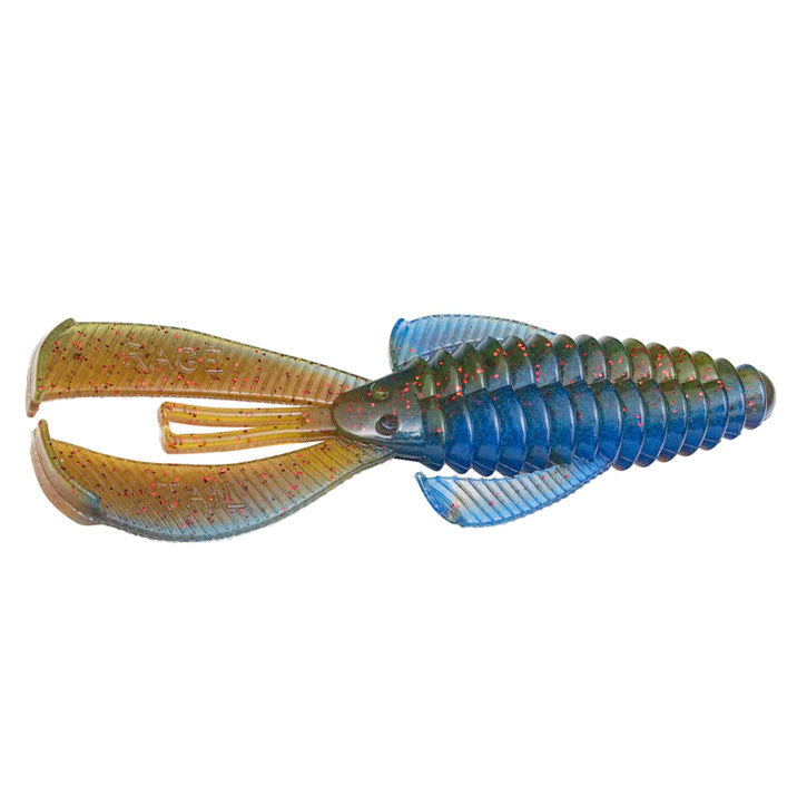 Plastic fishing lure with segmented ribbed body and twin paddle tails in translucent green and blue with red sparkles, identified as Strike King Rage Bug for fishing tackle use.