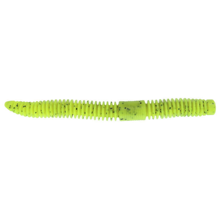 Yamamoto 5.5" Slink-O Floater Worm fishing lure in bright chartreuse with black specks, ribbed soft plastic designed for effective water movement and attracting fish.