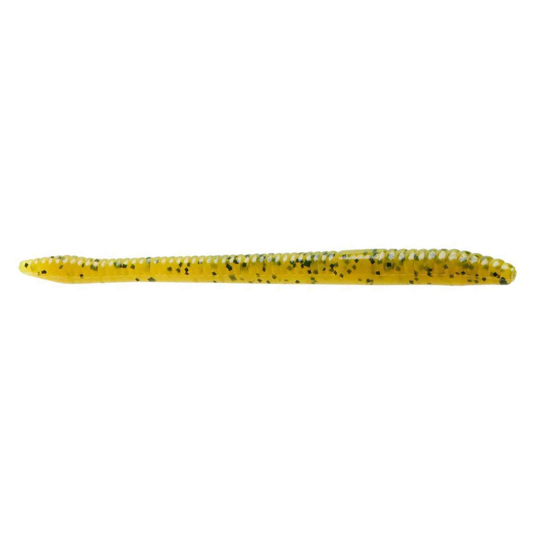 Yellow-green soft plastic fishing lure with black speckles, slender worm-like shape designed for fishing, identified as Zoom Finesse Worm.