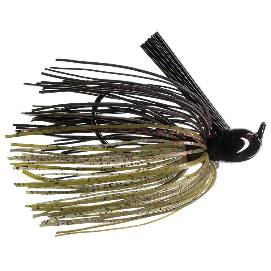 Dirty Jigs Matt Herren Flippin' Jig fishing lure with a black and green speckled skirt and weighted black head designed for musky fishing tackle.