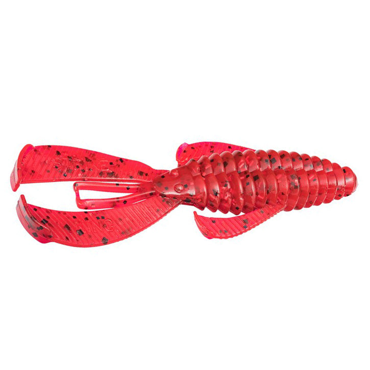 Bright red Strike King Rage Bug fishing lure with segmented body and two large pincers, designed for attracting musky and other game fish in freshwater fishing.