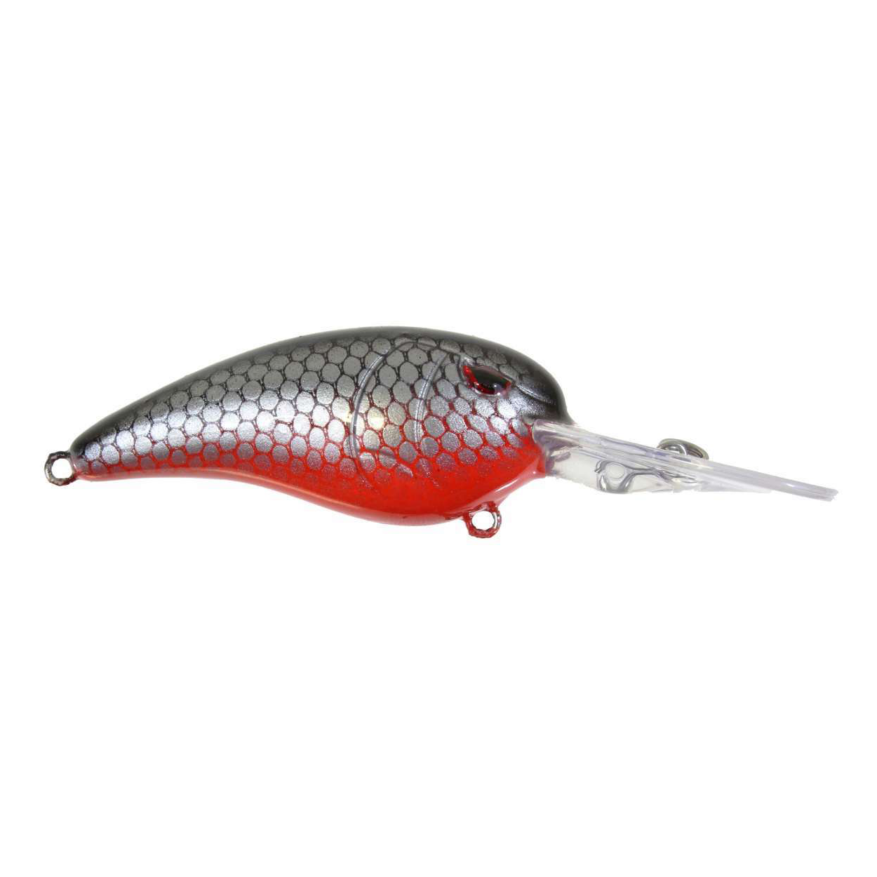 SPRO RkCrawler 55 Crankbait fishing lure with a silver and red scaled body, detailed eyes, and a clear diving lip designed for effective fishing tackle use.