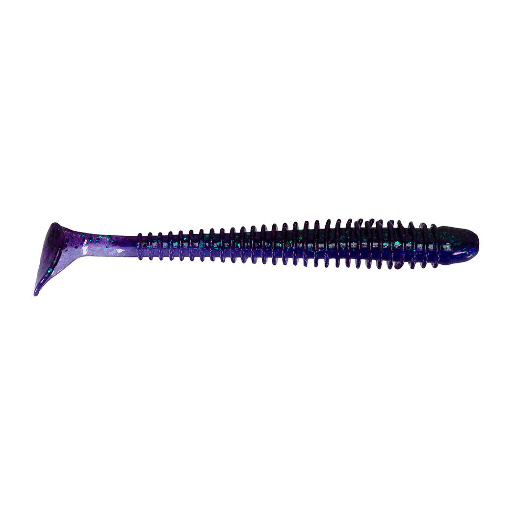 Keitech Swing Impact 3.5" + 4" soft plastic fishing lure in dark purple with ribbed body and paddle tail designed for realistic movement in water.