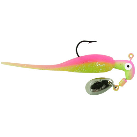 Blakemore Road Runner Slab Runner fishing lure in bright pink and green with a single hook and a small silver spinner blade, designed for effective fishing tackle use.