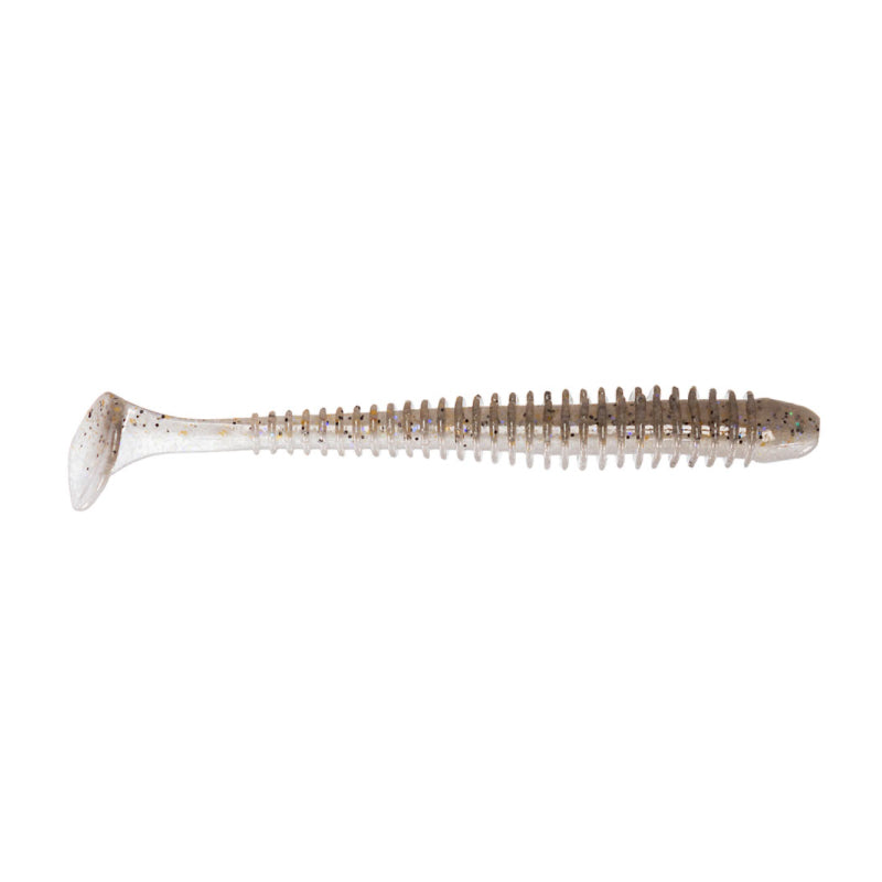 Keitech Swing Impact 3.5" + 4" soft plastic fishing lure in translucent natural color with ribbed body and paddle tail, designed for attracting musky and other game fish.