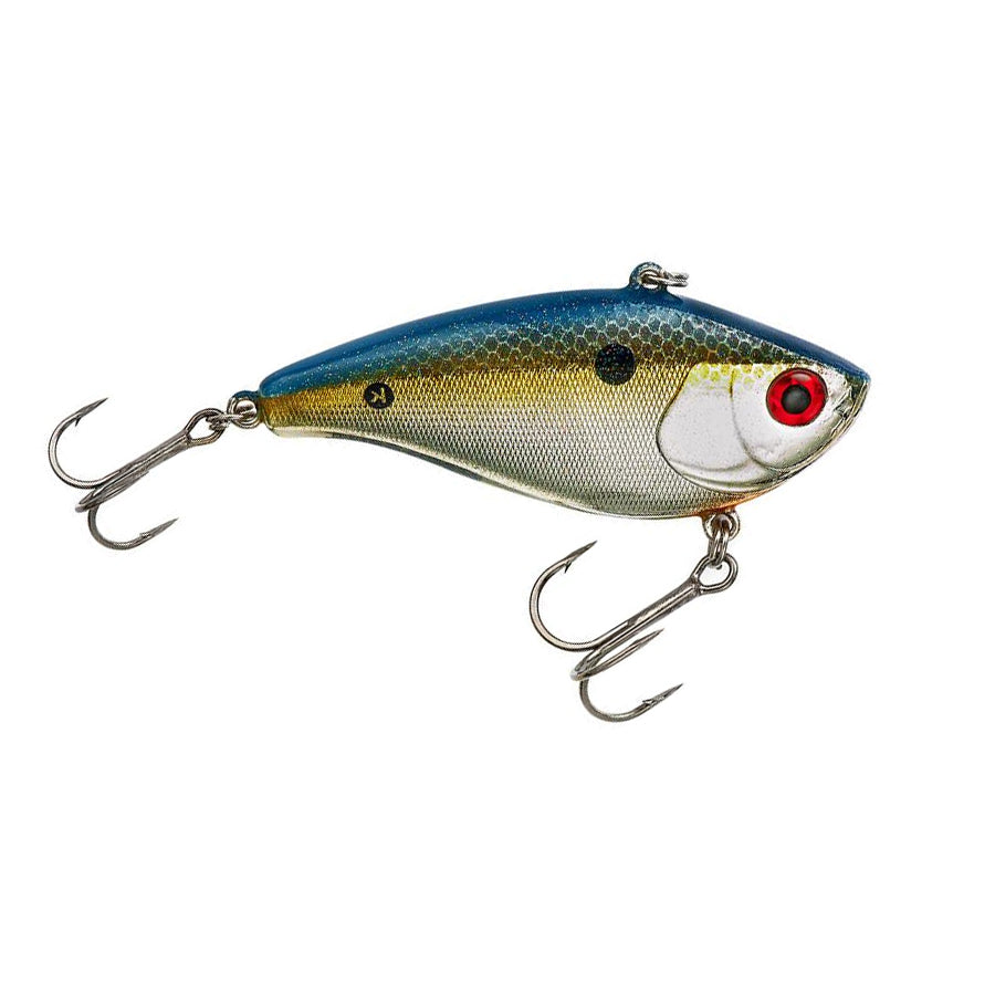 Booyah One Knocker Lipless Crankbait with realistic blue, gold, and silver fish pattern, equipped with two sharp treble hooks for effective fishing tackle use.