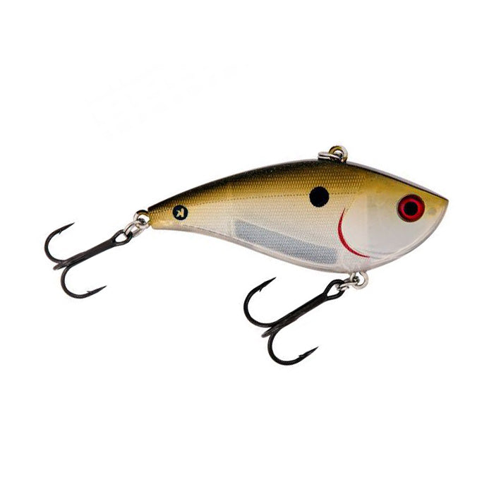 Booyah One Knocker Lipless Crankbait fishing lure with a compact, fish-shaped body in gold and silver tones, featuring two treble hooks designed for effective fishing tackle use.