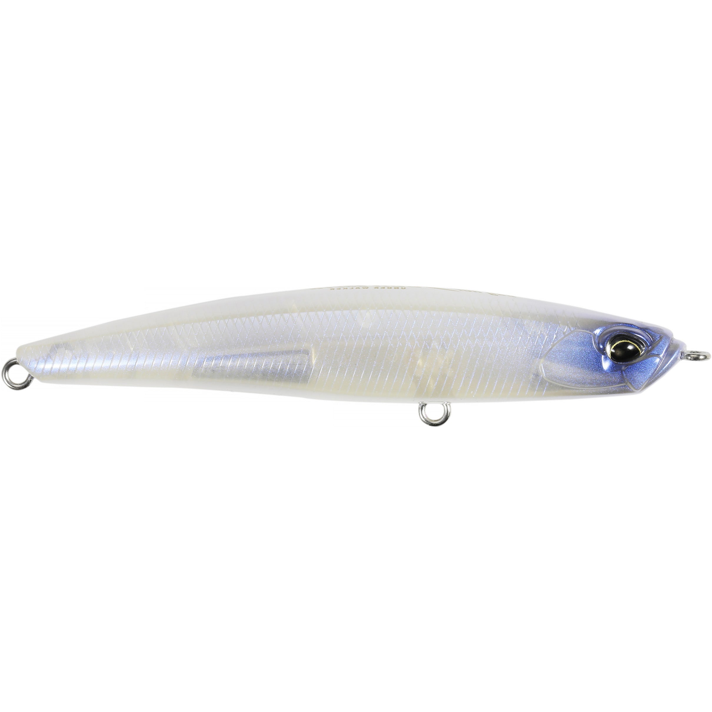 Duo Realis Bayruf Seek 85S fishing lure in a ghost pearl color with a sleek, translucent body and realistic fish eye, designed for effective fishing tackle use.