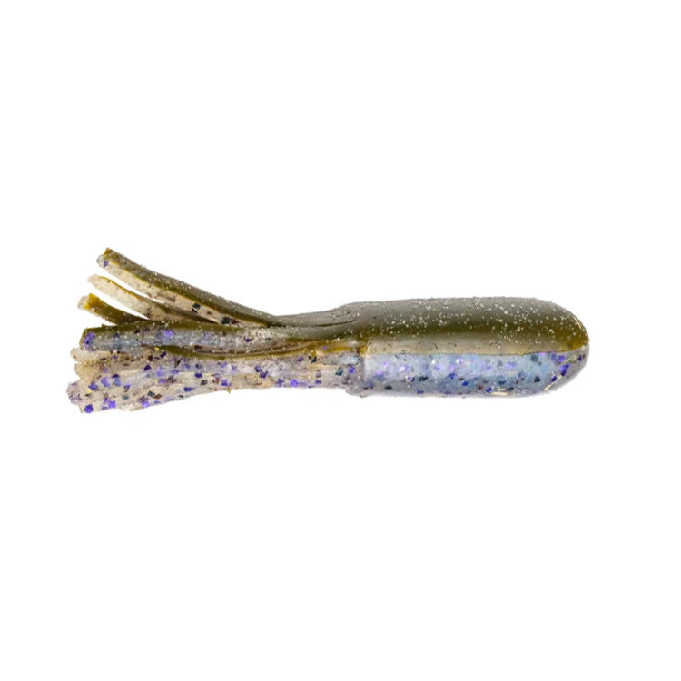 Soft plastic fishing lure in greenish color with blue and black speckles, designed to resemble a small aquatic creature, Strike King Fat Coffee Tube for fishing tackle.