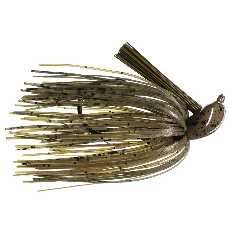 Dirty Jigs Tour Level Pitchin' Jig fishing lure featuring a detailed brown and green skirt with black speckles and a weighted head designed for musky fishing tackle.