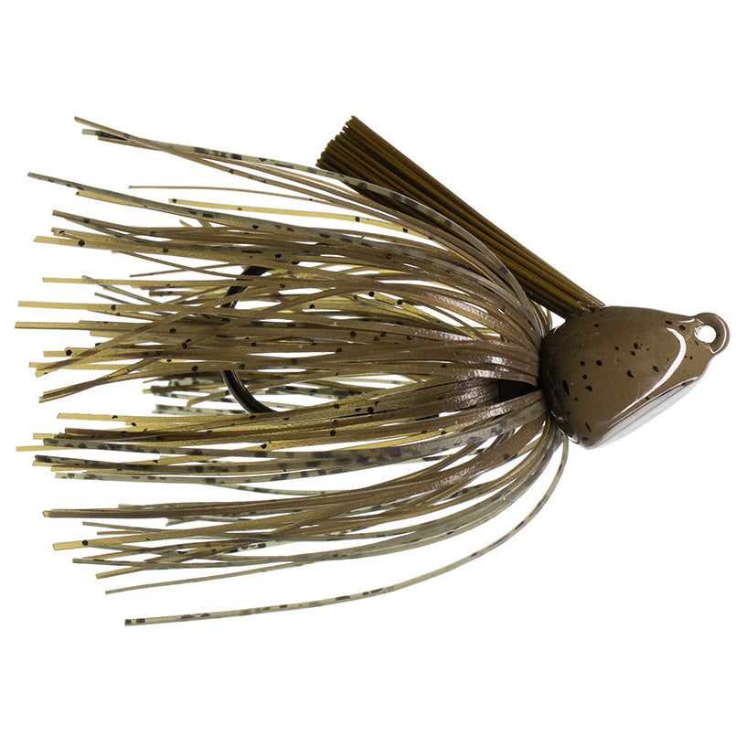Dirty Jigs No-Jack Punchin' Jig featuring a detailed brown and olive skirt with black speckles, designed for effective fishing tackle use in musky and ice fishing.