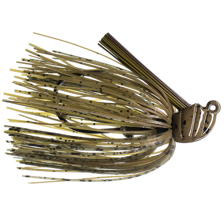 Dirty Jigs Scott Canterbury Flippin Jig with a green and black speckled skirt, weighted head, and weed guard designed for effective fishing tackle.