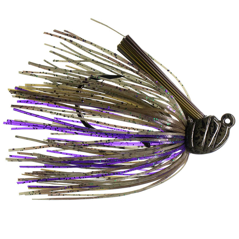 Dirty Jigs Scott Canterbury Flippin Jig with a black and purple skirt, weighted head, and weed guard designed for fishing tackle applications targeting musky and other species.