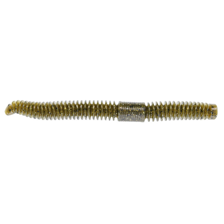 Yamamoto 5.5" Slink-O Floater Worm fishing lure in olive green with ribbed texture and subtle glitter, designed for freshwater fishing tackle use.