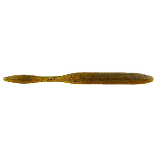 Strike King KVD Perfect Plastics Dream Shot soft fishing lure in a translucent brown color with black and blue speckles, designed for effective musky fishing tackle.