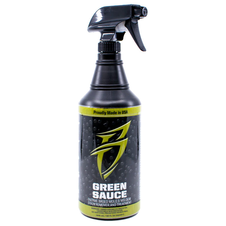 Bottle of Boat Bling Green Sauce Mold and Mildew Stain Remover and Treatment Spray with black spray nozzle and green and black label designed to clean and treat fishing tackle and marine gear.