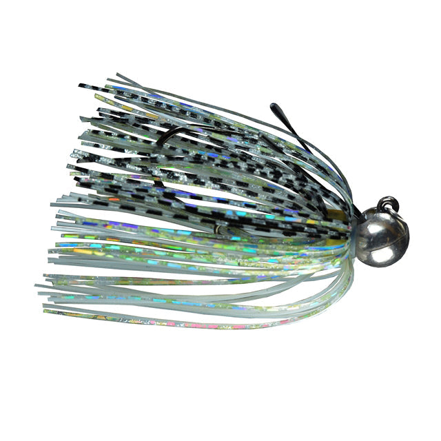 Picasso Lures Tungsten Little Spotty Finesse Jig featuring a silver tungsten head with a multi-colored, holographic skirt designed for finesse fishing and effective lure presentation.