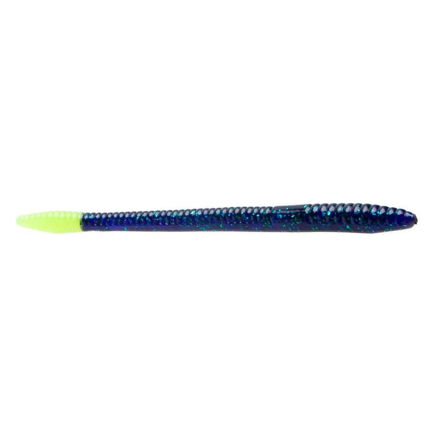 Zoom Finesse Worm soft plastic fishing lure in dark blue with green flecks and a bright yellow tail, designed for finesse fishing techniques.