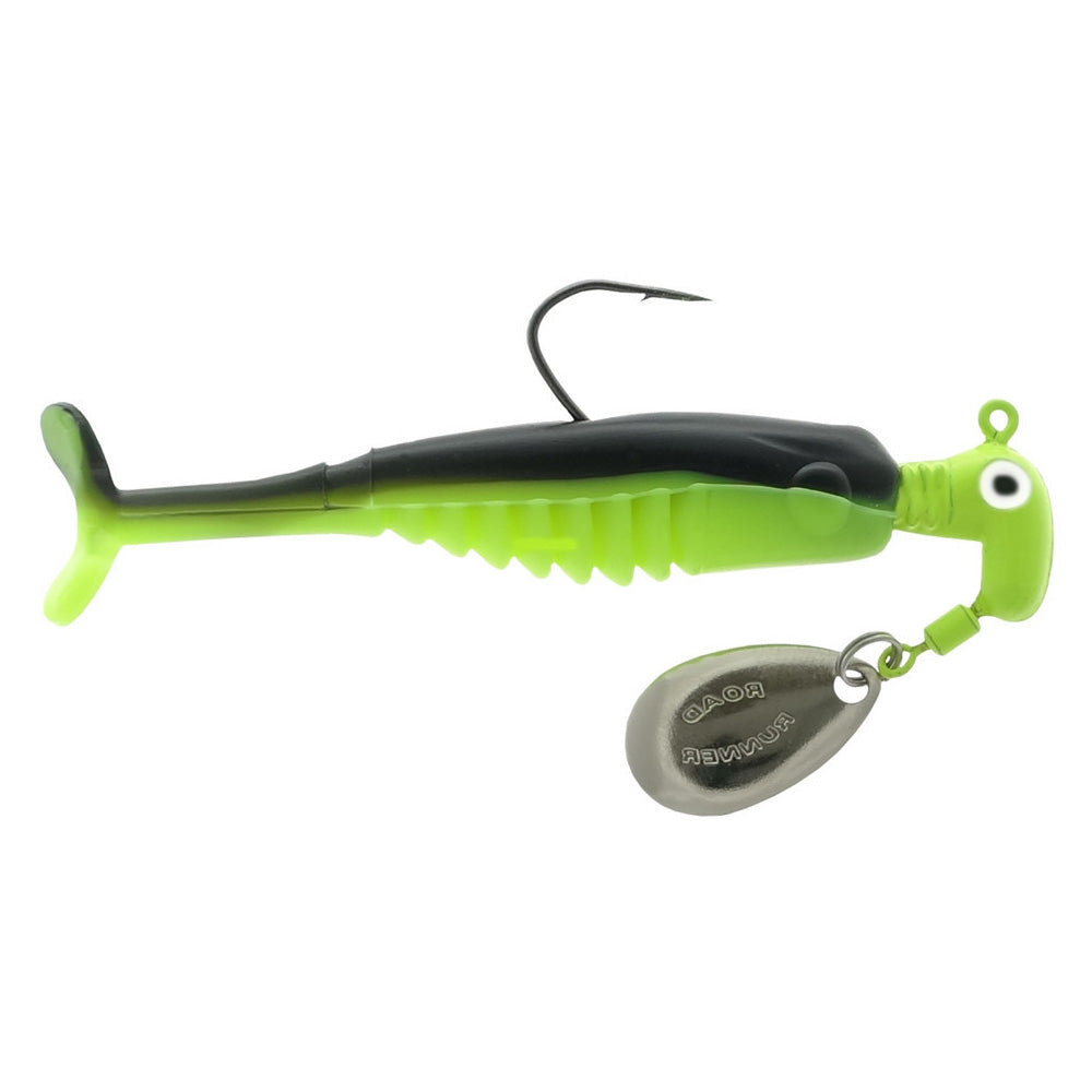Blakemore Road Runner Crappie X-Tractor fishing lure in black and green with a soft body, integrated hook, and attached silver spinner blade for enhanced tackle performance.