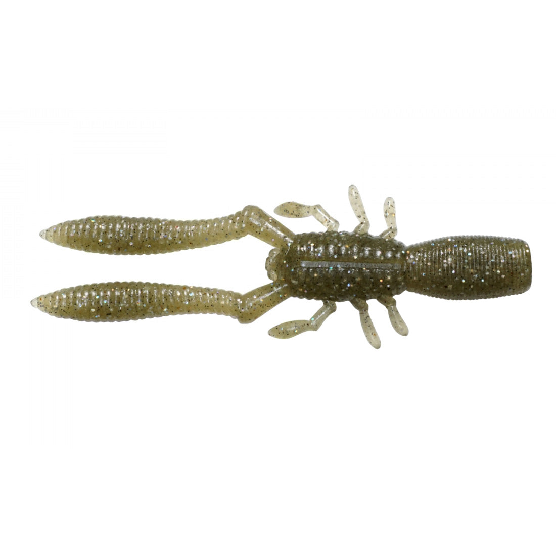 Megabass Bottle Shrimp fishing lure in translucent green with glitter, designed to mimic a shrimp, featuring multiple appendages for realistic movement in water.