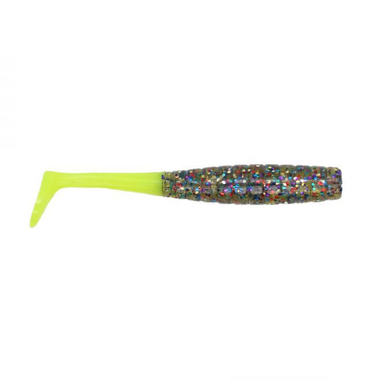 Crappie Magnet Tiny Dancer fishing lure with a glittery, multicolored body and bright yellow tail designed for crappie and freshwater fishing.
