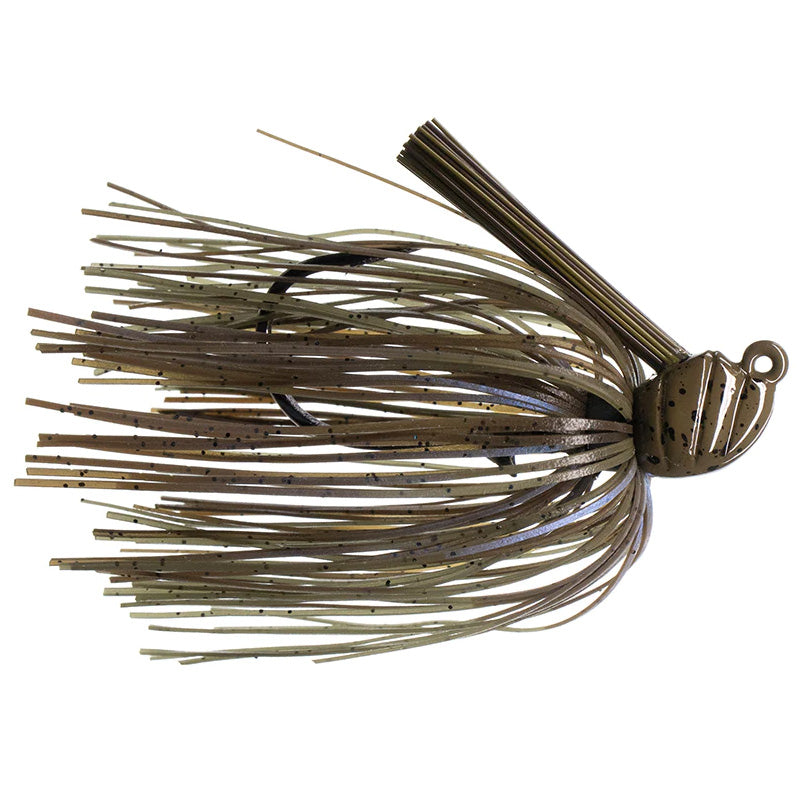 Dirty Jigs Scott Canterbury Flippin Jig with a weighted head and multiple soft silicone strands in natural colors, designed for fishing tackle and effective musky lure action.