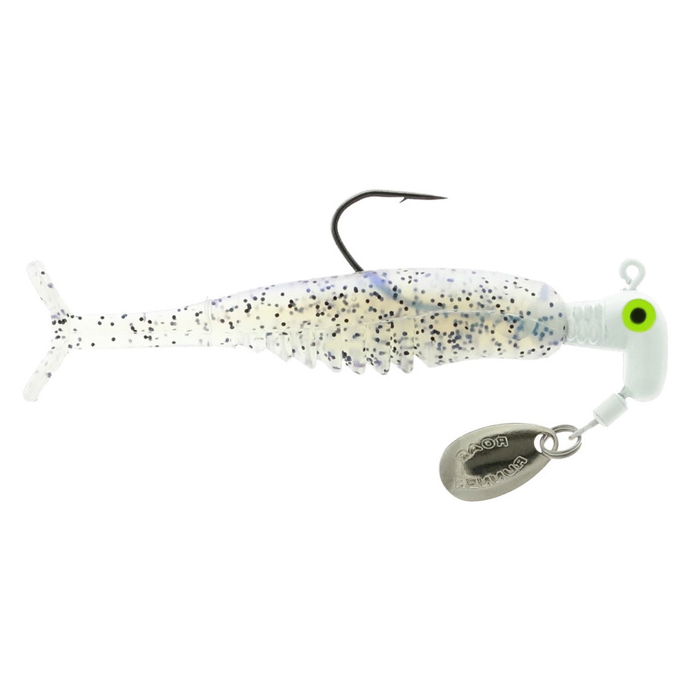 Blakemore Road Runner Crappie X-Tractor fishing lure featuring a translucent white body with black speckles, a sharp hook, and a small silver spinner blade for attracting fish.