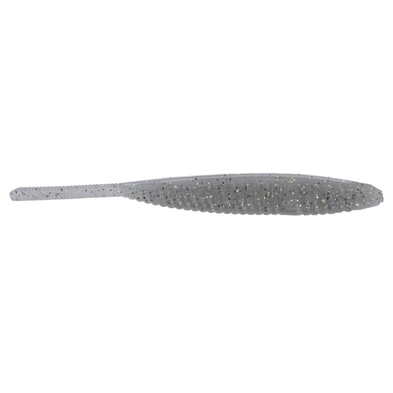 Gray soft plastic fishing lure with glitter accents and a paddle tail, designed for freshwater fishing, shown isolated on a white background, Yamamoto 5" Shad Shape Floater.
